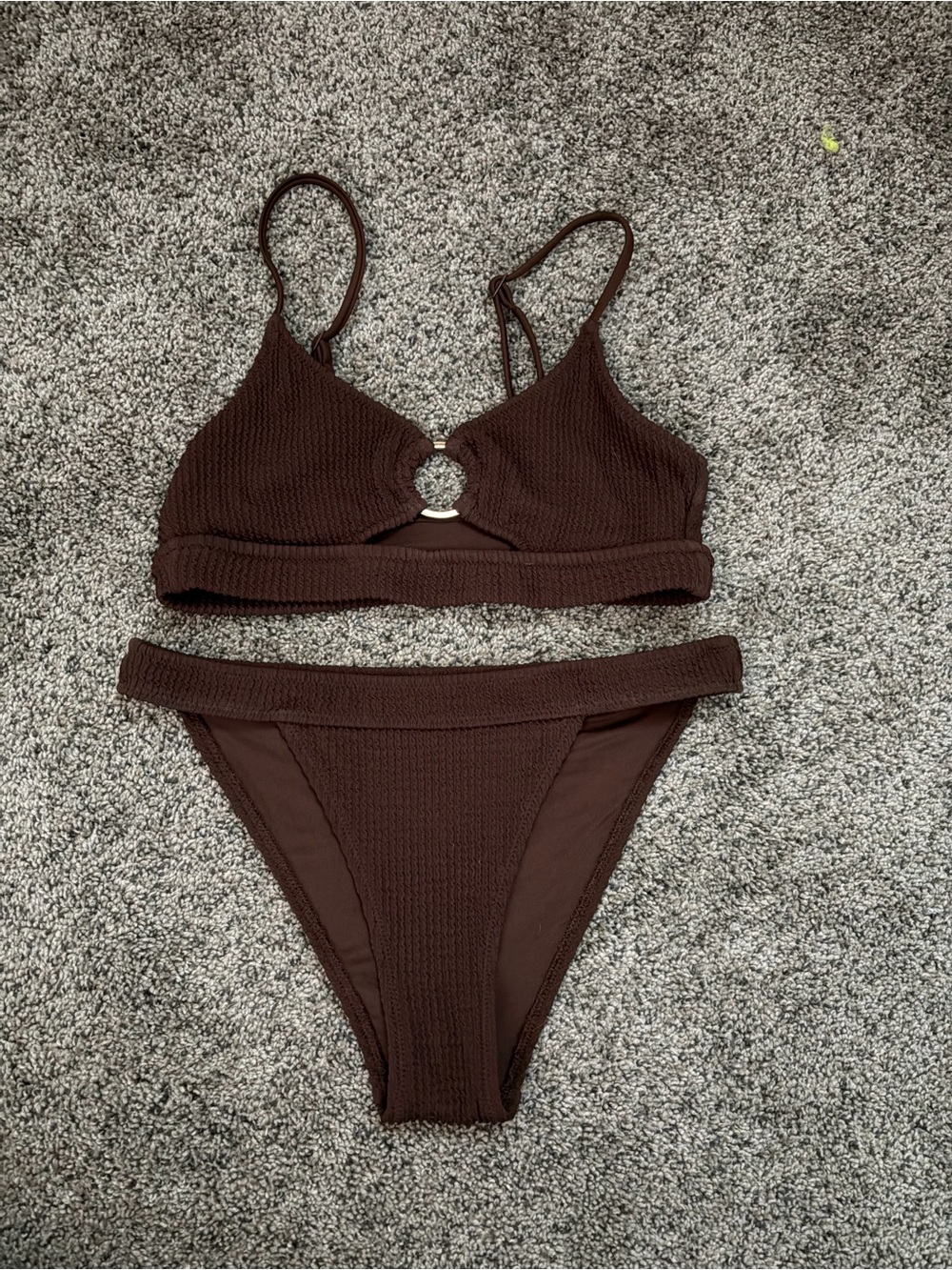aerie Textured Chocolate Brown Bikini Set with Ring Detail